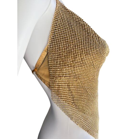 Vintage Y2K Metallic Rhinestone Chainmail Halter Top Gold Mesh One Size - Picture 4 of 6